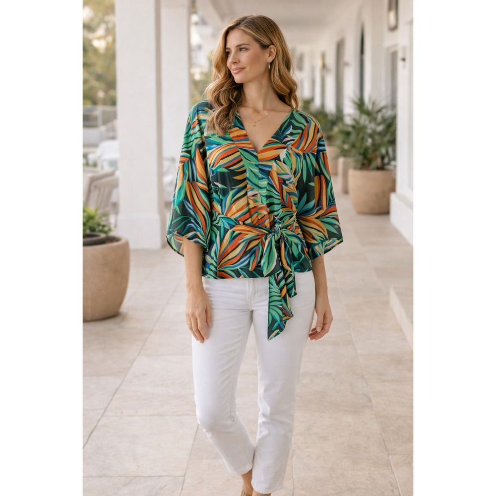 Skies Are Blue Women's Small Tropical Leaf Print‎ Blouse Tie Waist Kimono Sleeve